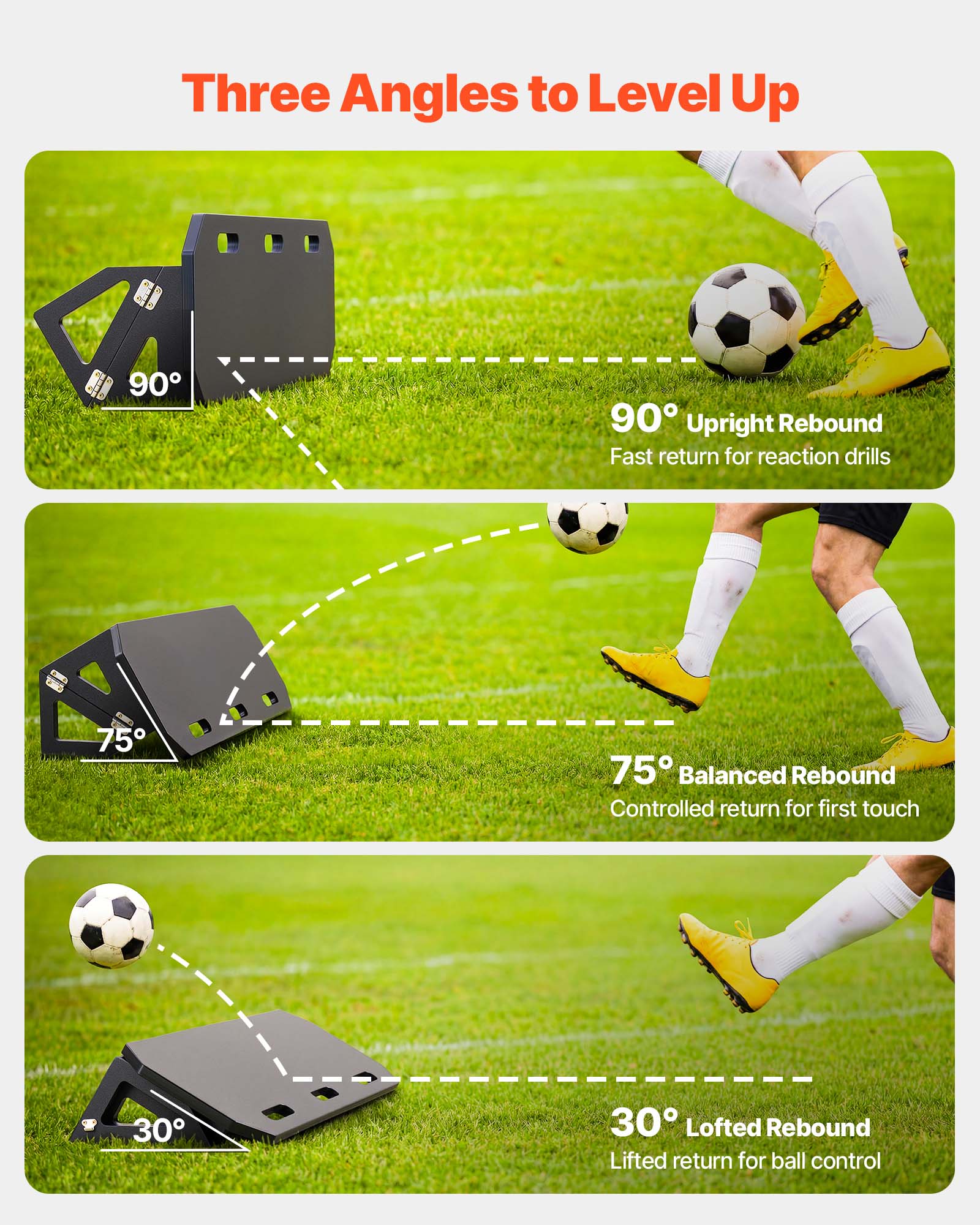 Three Angles to Level Up

90° Upright Rebound  
Fast return for reaction drills

75° Balanced Rebound  
Controlled return for first touch

30° Lofted Rebound  
Lifted return for ball control