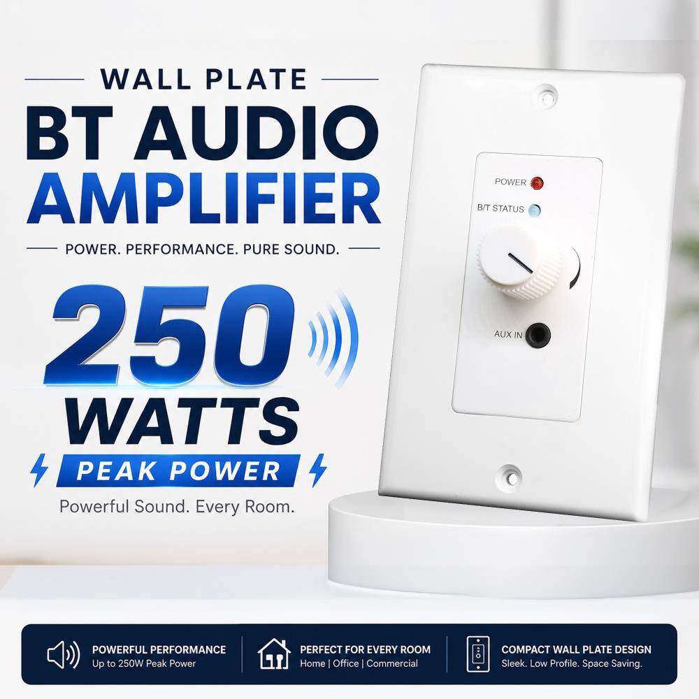 WALL PLATE BT AUDIO AMPLIFIER  
POWER. PERFORMANCE. PURE SOUND.  
250 WATTS PEAK POWER  
Powerful Sound. Every Room.  

POWERFUL PERFORMANCE  
Up to 250W Peak Power  

PERFECT FOR EVERY ROOM  
Home | Office | Commercial  

COMPACT WALL PLATE DESIGN  
Sleek. Low Profile. Space Saving.
