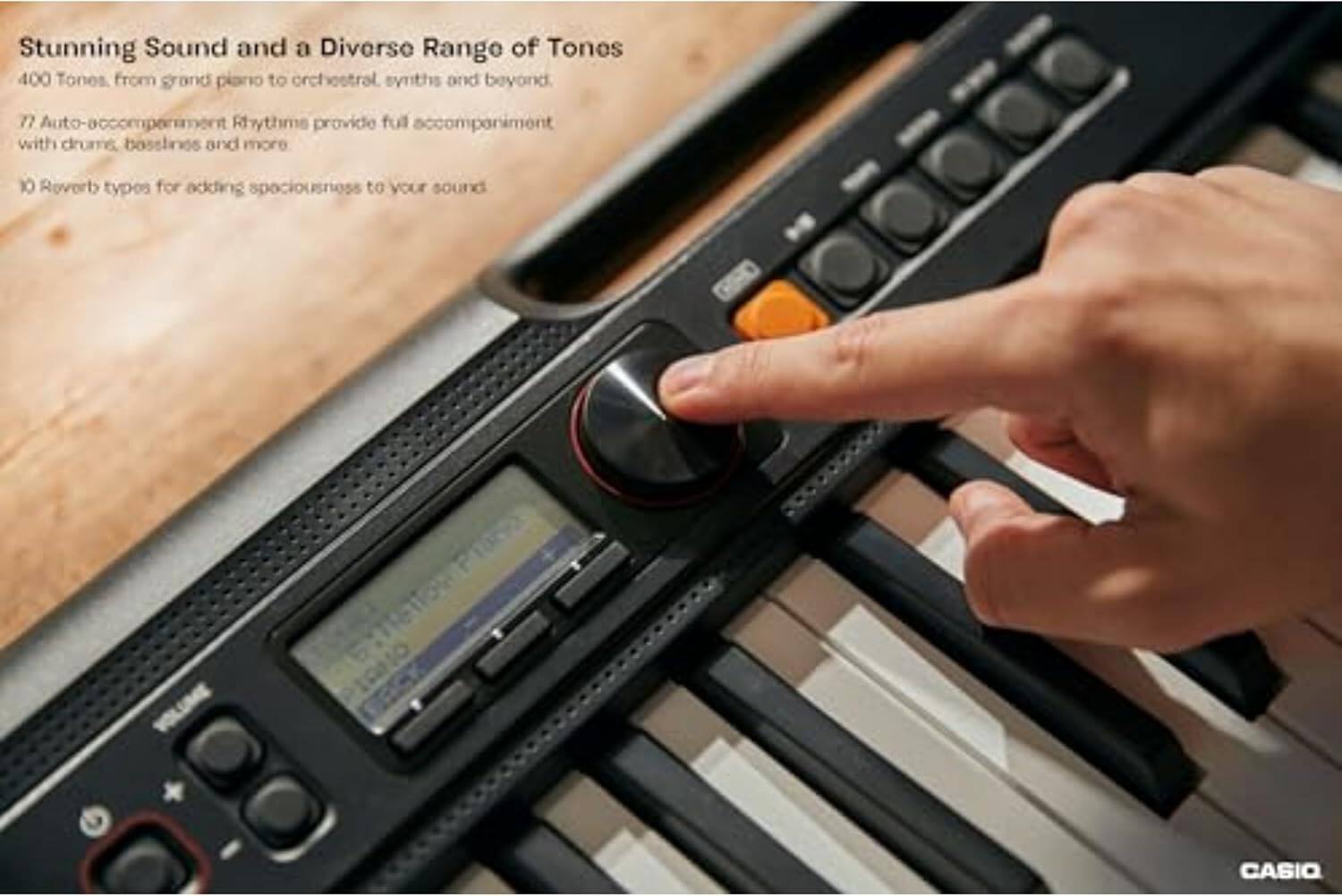 Stunning Sound and a Diverse Range of Tones  
400 Tones, from grand piano to orchestral, synths and beyond.  
77 Auto-accompaniment Rhythms provide full accompaniment with drums, basslines and more.  
10 Reverb types for adding spaciousness to your sound.  

VOLUME  
CASIO