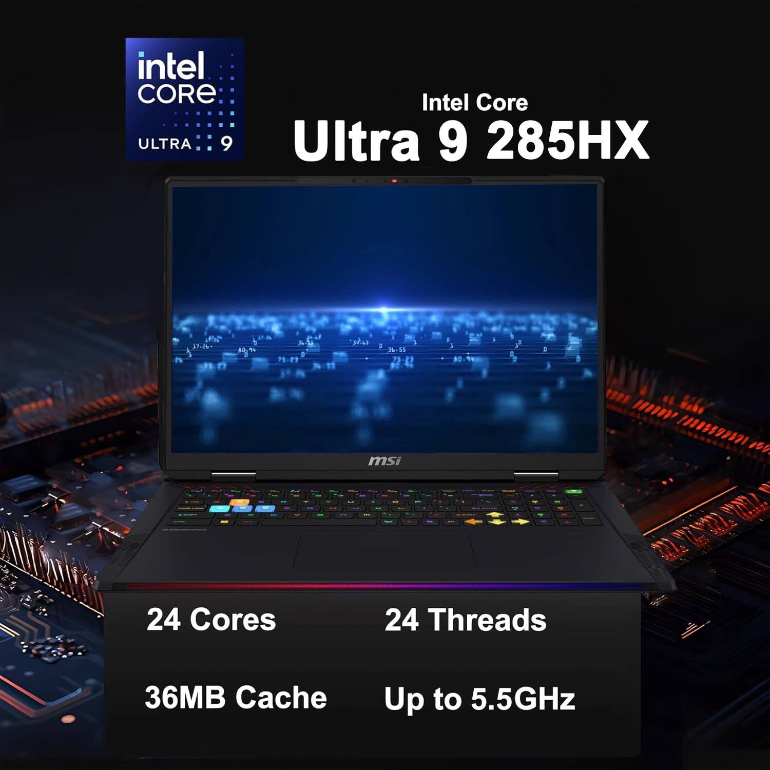 Intel Core Ultra 9  
Intel Core Ultra 9 285HX  
24 Cores  
24 Threads  
36MB Cache  
Up to 5.5GHz
