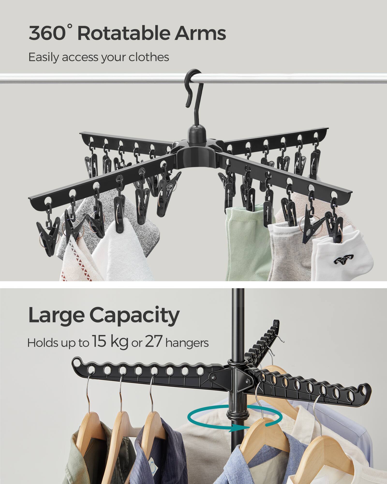 360° Rotatable Arms  
Easily access your clothes  

Large Capacity  
Holds up to 15 kg or 27 hangers