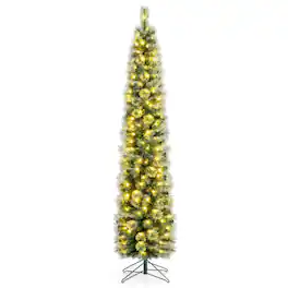 Gymax - 7 FT Pre-Lit Pencil Artificial Christmas Tree w/150LED Warm White Lights 8 Modes - Green