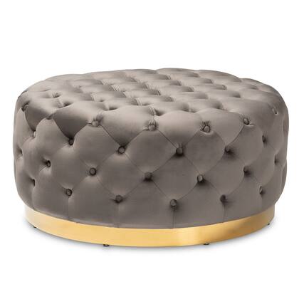 Front. Baxton Studio - Sasha Glam and Luxe Velvet Fabric Upholstered Gold Finished Round Cocktail Ottoman - Grey/Gold.