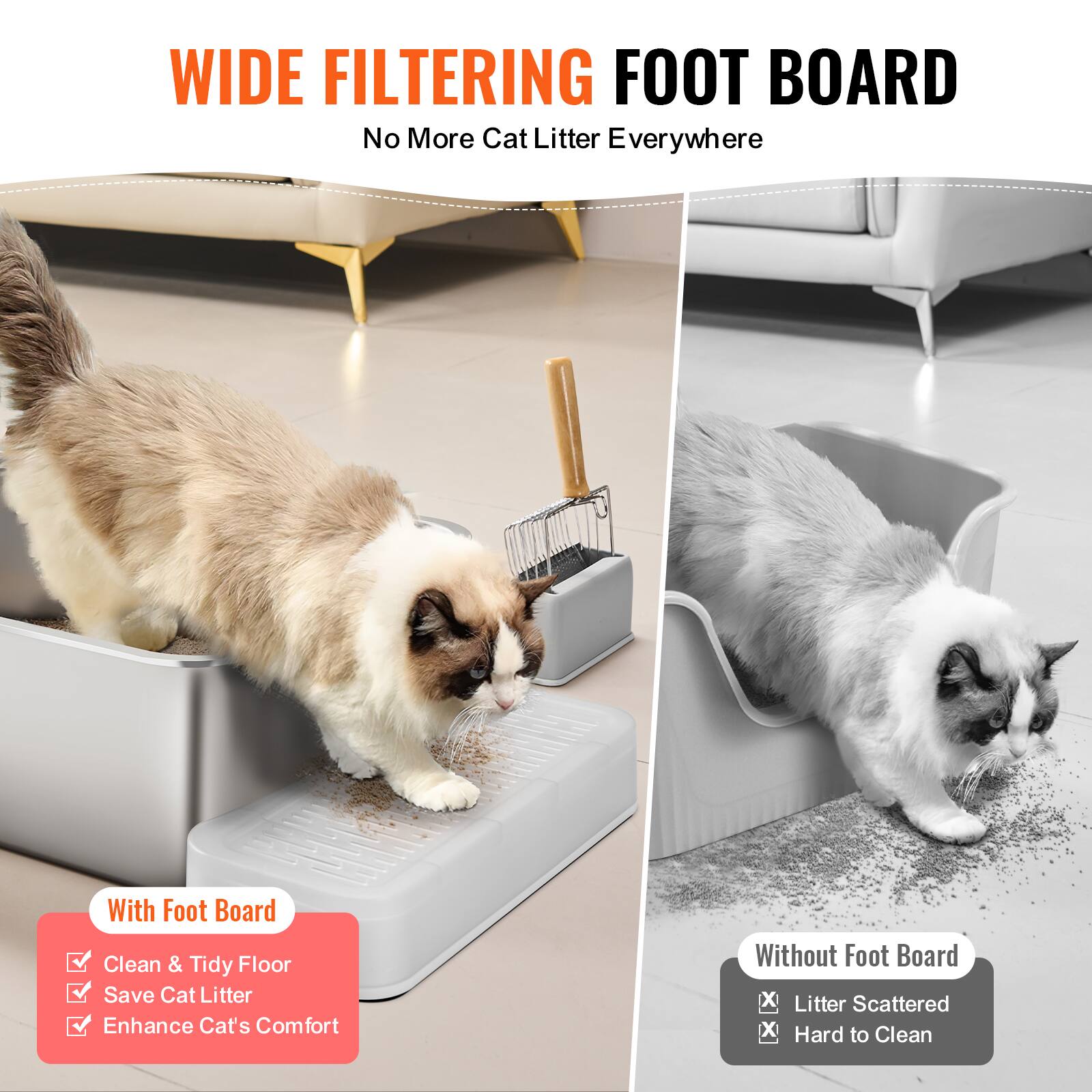 **WIDE FILTERING FOOT BOARD**

No More Cat Litter Everywhere

With Foot Board:
- Clean & Tidy Floor
- Save Cat Litter
- Enhance Cat's Comfort

Without Foot Board:
- Litter Scattered
- Hard to Clean