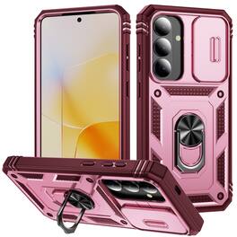 Dteck - Rugged Case For Samsung Galaxy S26 with Slide Camera Magnetic Ring Kickstand PC TPU Cover - Pink/Rose