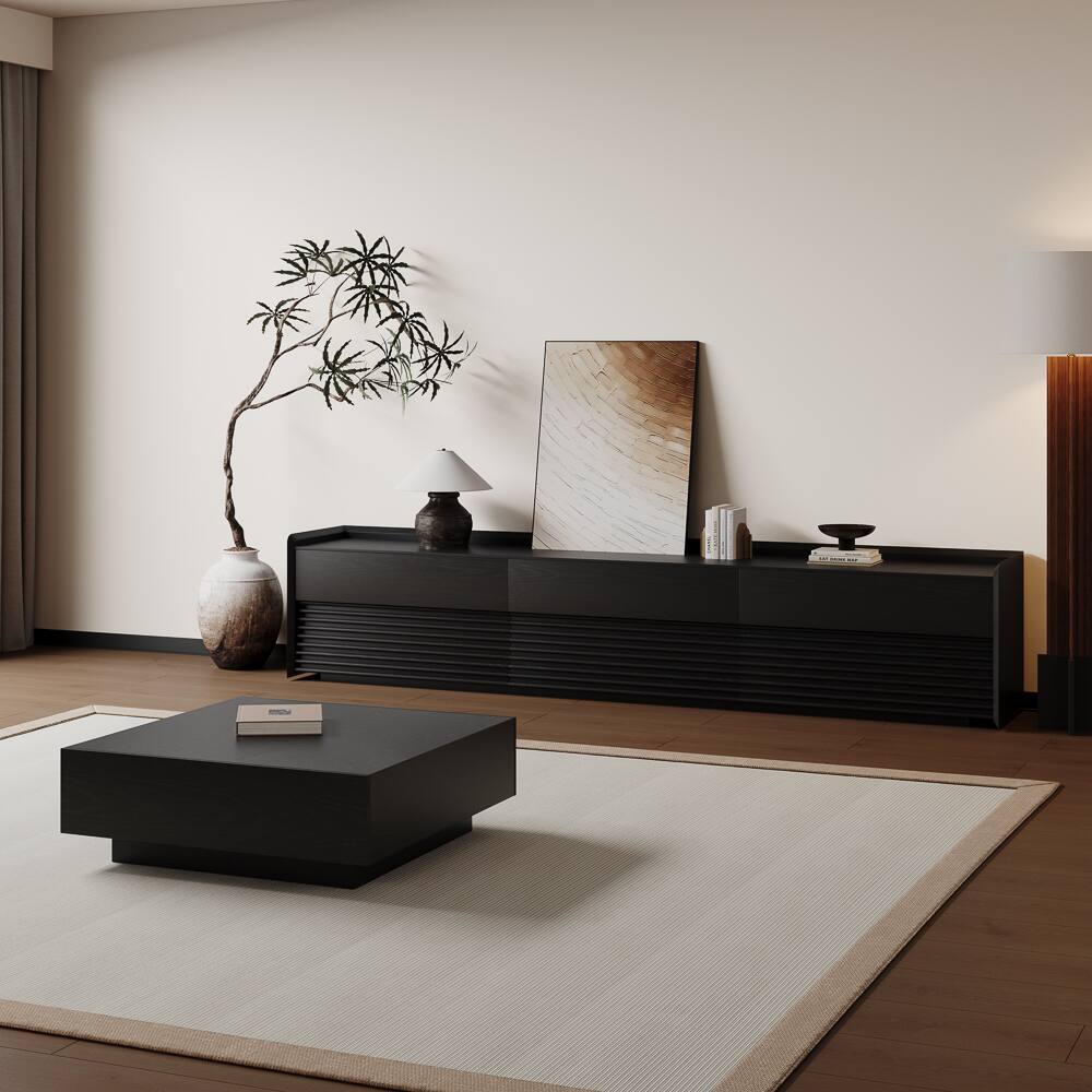 Left. POVISON - 95"Fully-Assembled Mid-Century TV Stand, Black Modern Cabinet with Adjustable Light, Perfect for 85-inch TVs - Black.