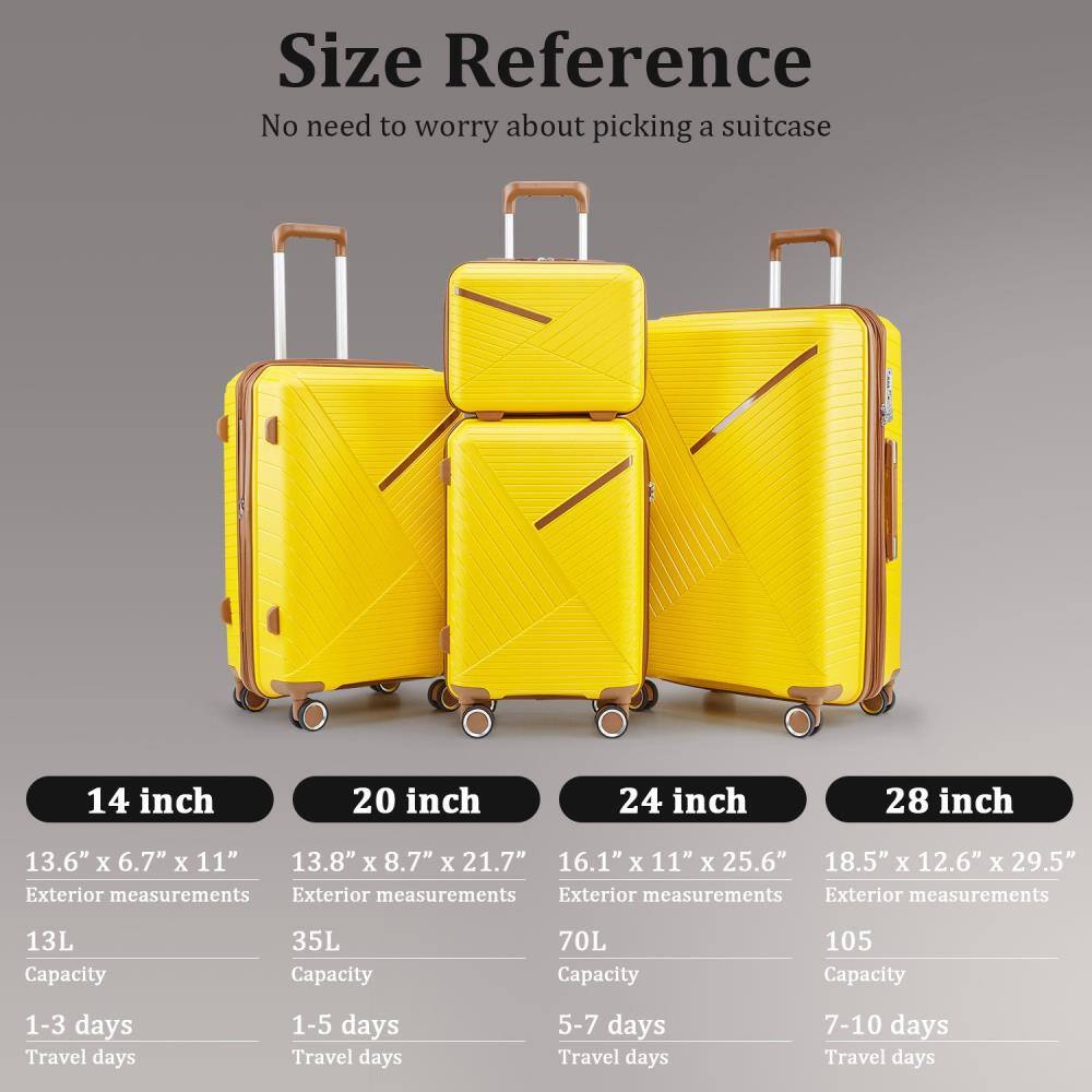 **Size Reference**  
No need to worry about picking a suitcase

- **14 inch**  
  - Exterior measurements: 13.6" x 6.7" x 11"  
  - Capacity: 13L  
  - Travel days: 1-3 days

- **20 inch**  
  - Exterior measurements: 13.8" x 8.7" x 21.7"  
  - Capacity: 35L  
  - Travel days: 1-5 days

- **24 inch**  
  - Exterior measurements: 16.1" x 11" x 25.6"  
  - Capacity: 70L  
  - Travel days: 5-7 days

- **28 inch**  
  - Exterior measurements: 18.5" x 12.6" x 29.5"  
  - Capacity: 105L  
  - Travel days: 7-10 days