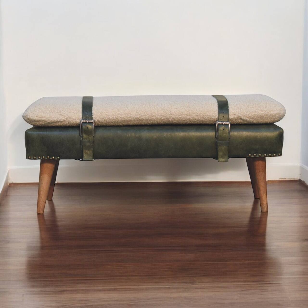 Alt View 6. Artisan Furniture - Artisan Furniture Solid Wood BouclÃ© Buffalo Hide Olive Green Leather Bench, Upholstered, Green & Cream - Green & Cream.