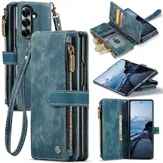 Front. Dteck - For Samsung Galaxy Z Fold7 Premium Leather Shockproof Purse Case with Credit Card Slots Zipper Pocket Cover + Wriststrap - Blue.