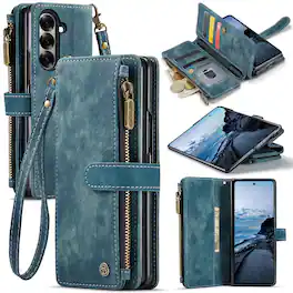 Dteck - For Samsung Galaxy Z Fold8 Ultra Premium Leather Shockproof Purse Case Card Slots Zipper Pocket Cover + Wrist Strap - Blue
