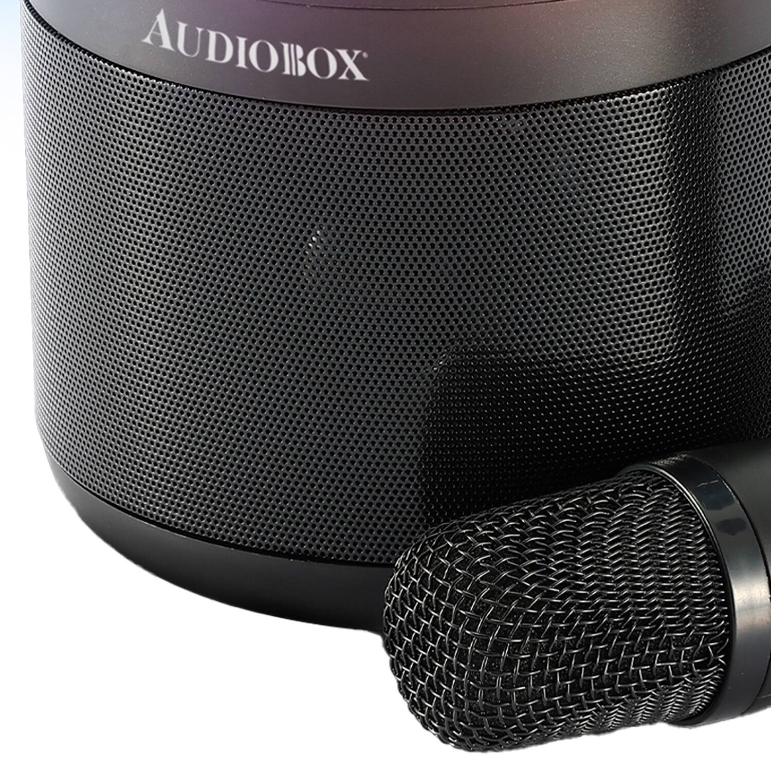 Back. AudioBox - ABK-500 Party Light Master Portable Karaoke Bluetooth Speaker with Lights, 2 Wireless Microphones - Black.