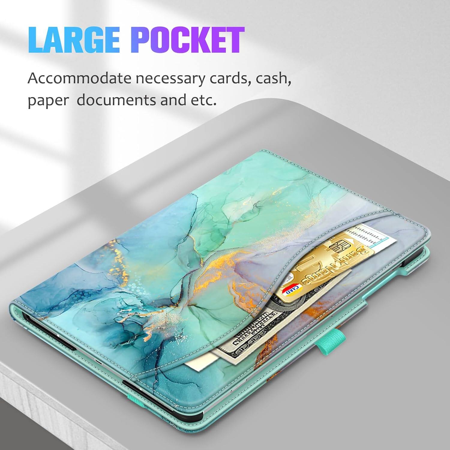 LARGE POCKET  
Accommodate necessary cards, cash, paper documents and etc.