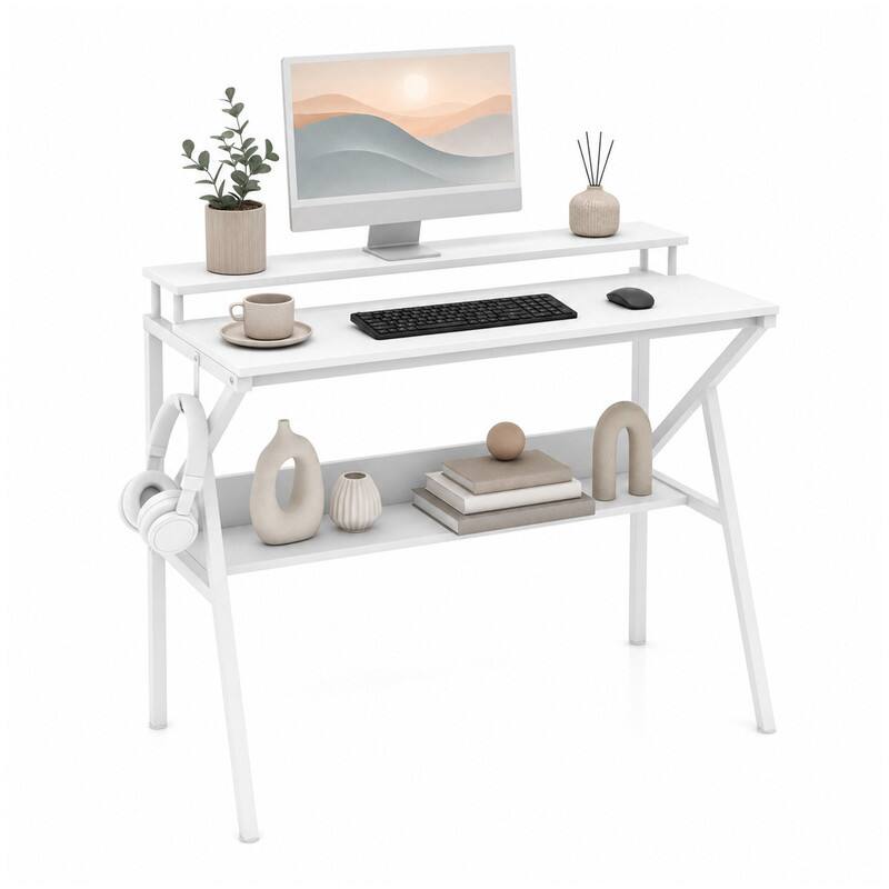 Alt View 4. WELLFOR - 39.5 " Modern Computer Desk with Monitor Stand & Storage Shelf, Small Gaming Desk for Home Office - White.