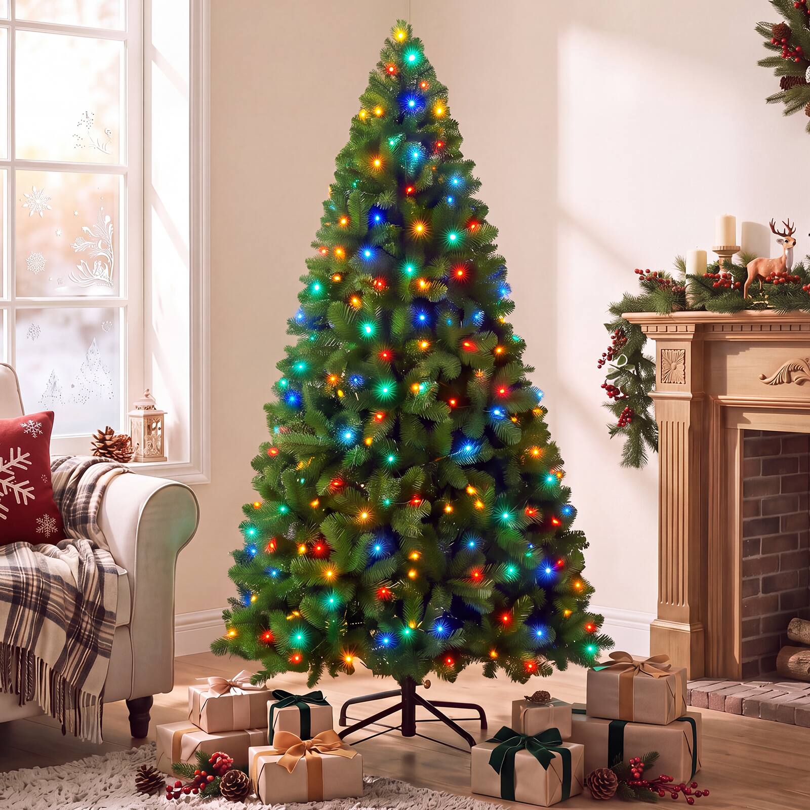 Alt View 4. Sweetcrispy - Pre-lit Christmas Tree with Multi-Color LED Lights and Metal Base - Green.