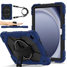 Dteck - for Samsung Galaxy Tab A11+ Kickstand 360° Rotating Handstrap Shockproof Rugged Hybrid Case+Shoulder Strap - Navyblue Black