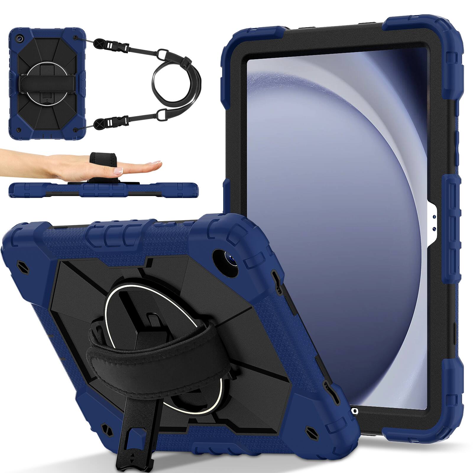 Front. Dteck - for Samsung Galaxy Tab A11+ Kickstand 360° Rotating Handstrap Shockproof Rugged Hybrid Case+Shoulder Strap - Navyblue Black.