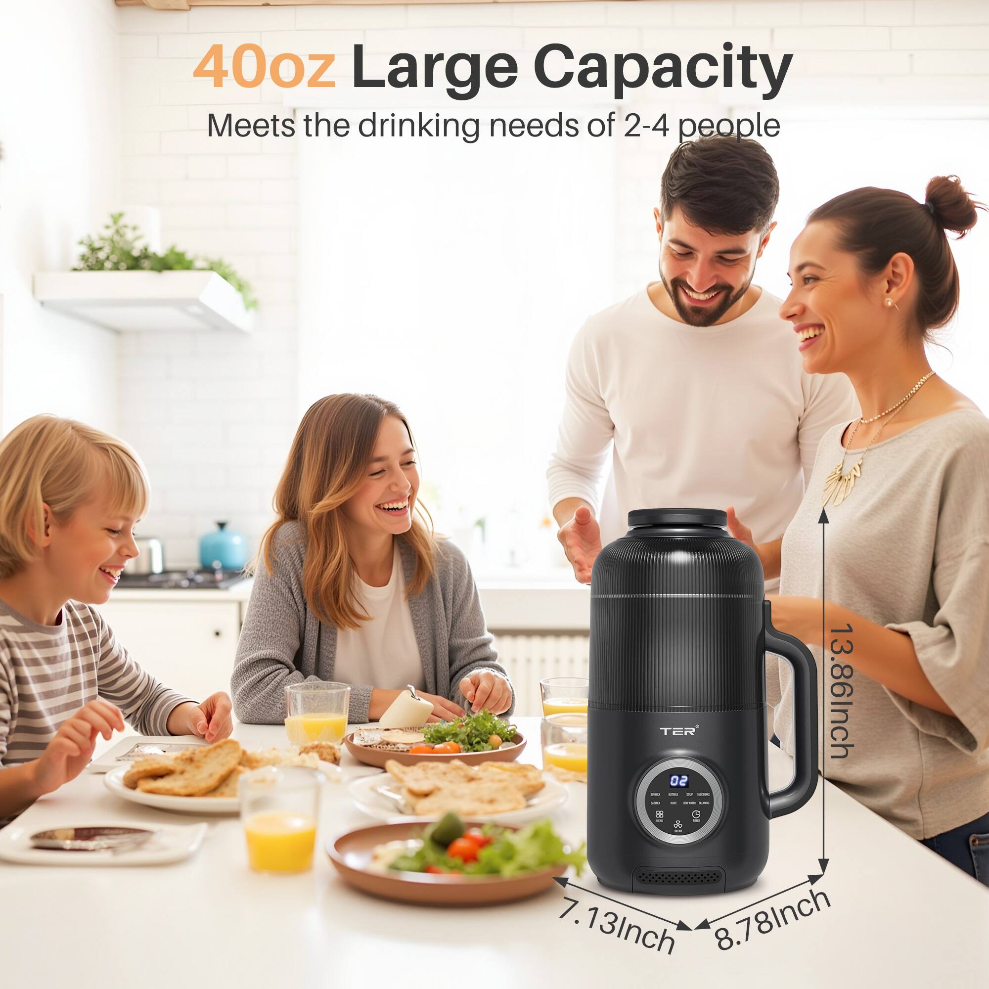 40oz Large Capacity, Meets the drinking needs of 2-4 people, TER, 13.86Inch, 8.78Inch, 7.13Inch.