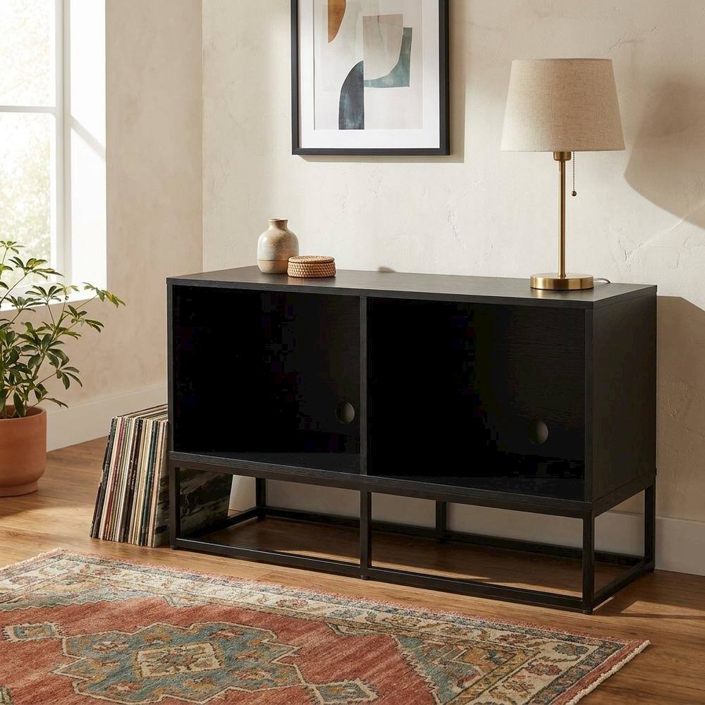 Alt View 5. FurniFact - Black Record Player Stand, MDF Steel Industrial Vinyl Console - Black.