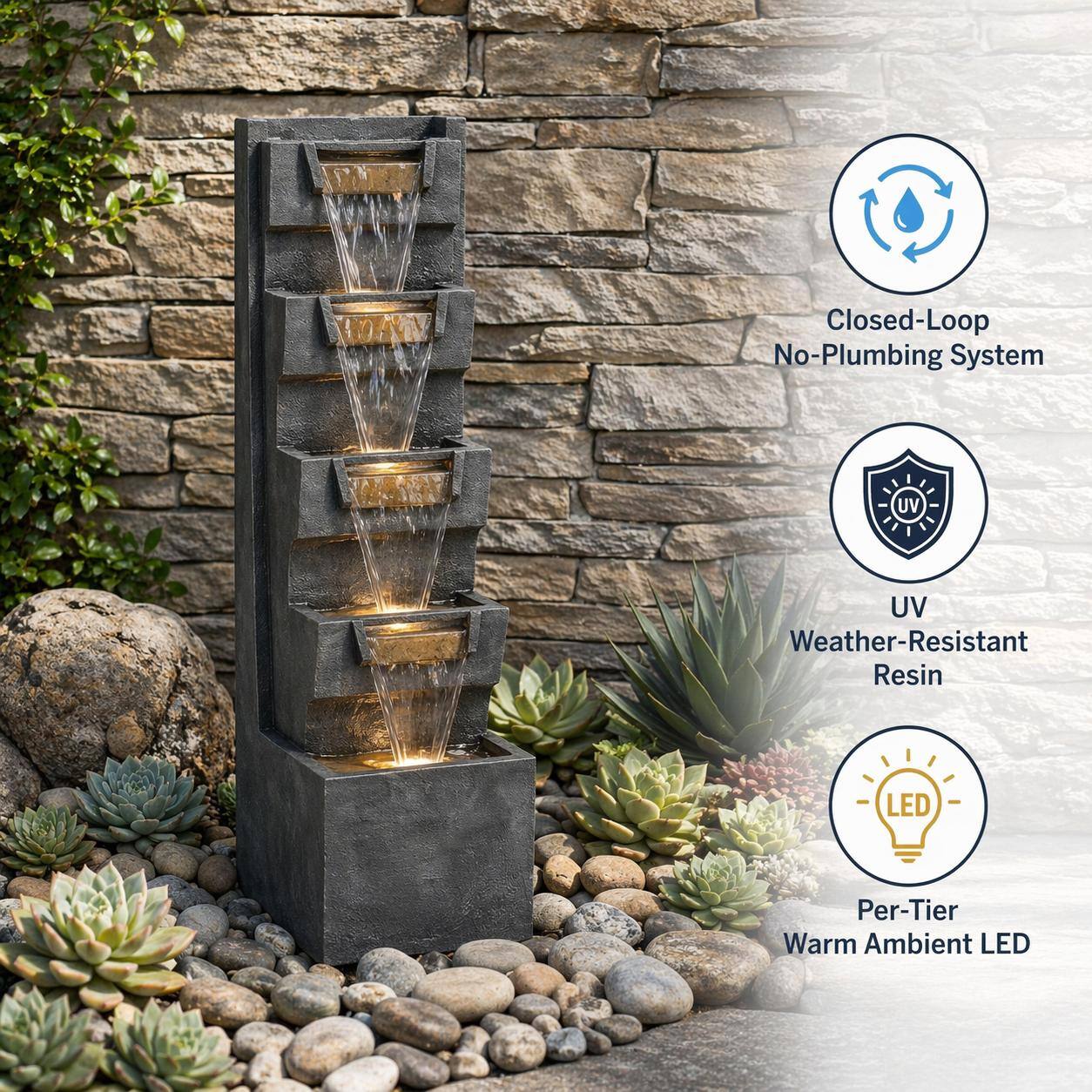 Closed-Loop No-Plumbing System  
UV Weather-Resistant Resin  
Per-Tier Warm Ambient LED