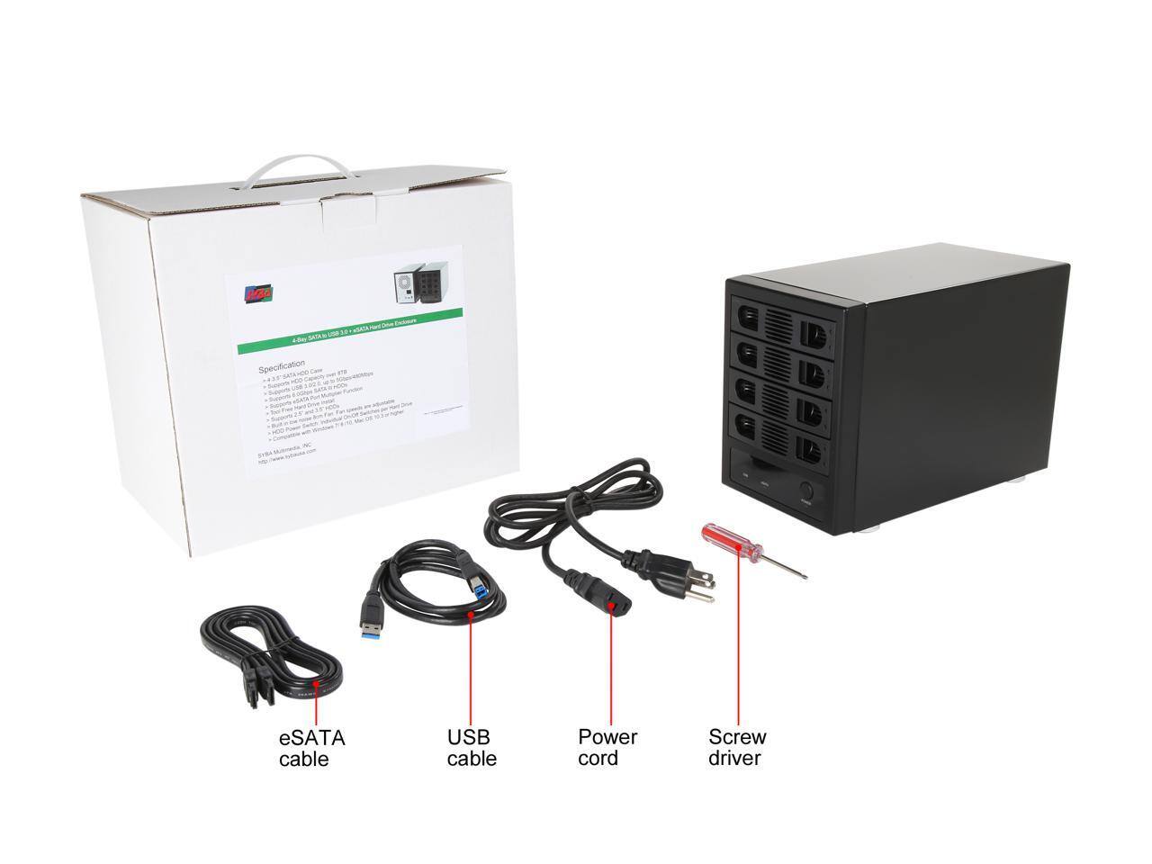 Sure, here is the corrected and grouped text:

**Specifications:**
- eSATA - HDD/SSD to USB 3.0 SATA HDD/SSD External Enclosure
- eSATA - HDD/SSD to USB 3.0 SATA HDD/SSD External Enclosure
- Supports 2.5" and 3.5" SATA HDD/SSD
- Supports SATA HDD/SSD up to 8TB
- Supports USB 3.0, USB 2.0, and USB 1.1
- Supports 6Gbps, 3Gbps, and 1.5Gbps
- Full Aluminum Housing
- Supports Windows 10, 8, 7, Vista, XP, and Mac OS X
- Supports Plug and Play
- No Driver Installation Required
- Compatibility: USB 3.0, USB 2.0, USB 1.1
- SYBA-30001-300

**Included:**
- eSATA cable
- USB cable
- Power cord
- Screw driver