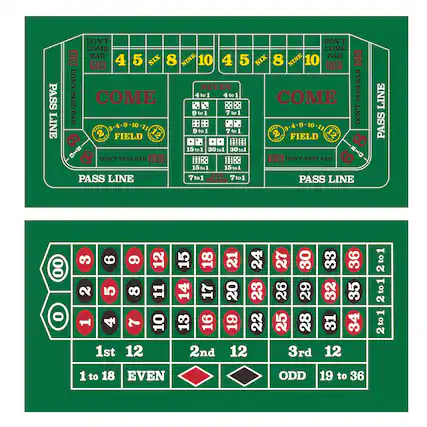 PASS LINE, DON'T COME, COME, DON'T COME, DON'T BAR, SEVEN, COME, 4to1, 4to1, 9to1, 7to1, 7to1, DON'T BAR, 10, 10, 9 to 1, 1 to 2, 12, FIELD, FIELD, 15to1, 30tol, 30 tol, DON'T PASS BAR, DON'T PASS BAR, 15tol, 1, PASS LINE, 7to1, 7to1, PASS LINE, LINE, PASS, 00, 3, 6, 6, 2, 5, 8, 1, 4, 7, 1st, 12, 12, 11, 10, 15, 18, 21, 24, 14, 17, 20, 23, 13, 16, 19, 22, 2nd, 12, 27, 30, 26, 29, 25, 28, 3rd, 33, 36, 32, 35, 31, 34, 12, 2to1, 2to1, 2to1, 1 to 18, EVEN, ODD, 19 to 36.