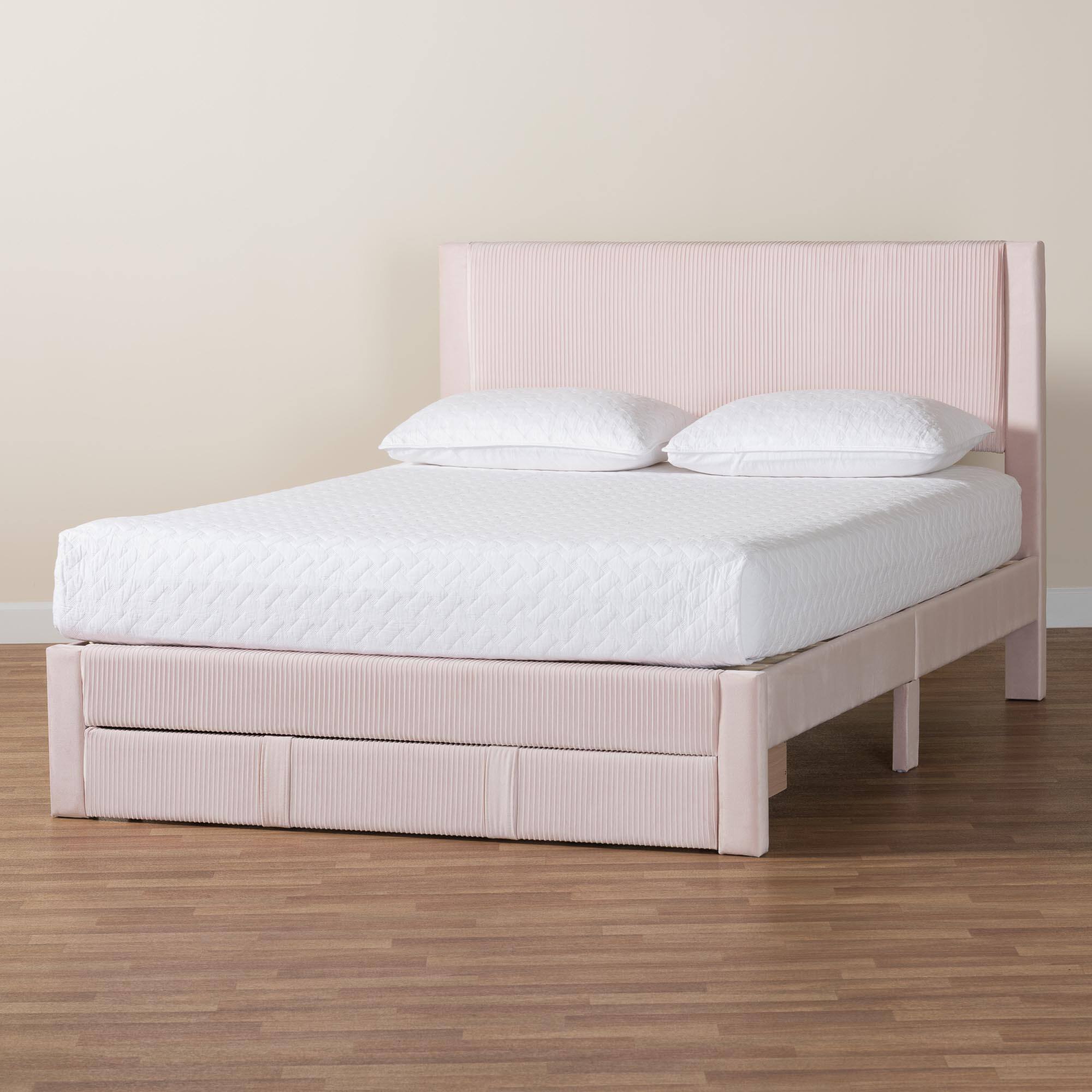 Alt View 7. Baxton Studio - Elora Modern Pleated Velvet Queen Size Storage Bed - Light Pink.