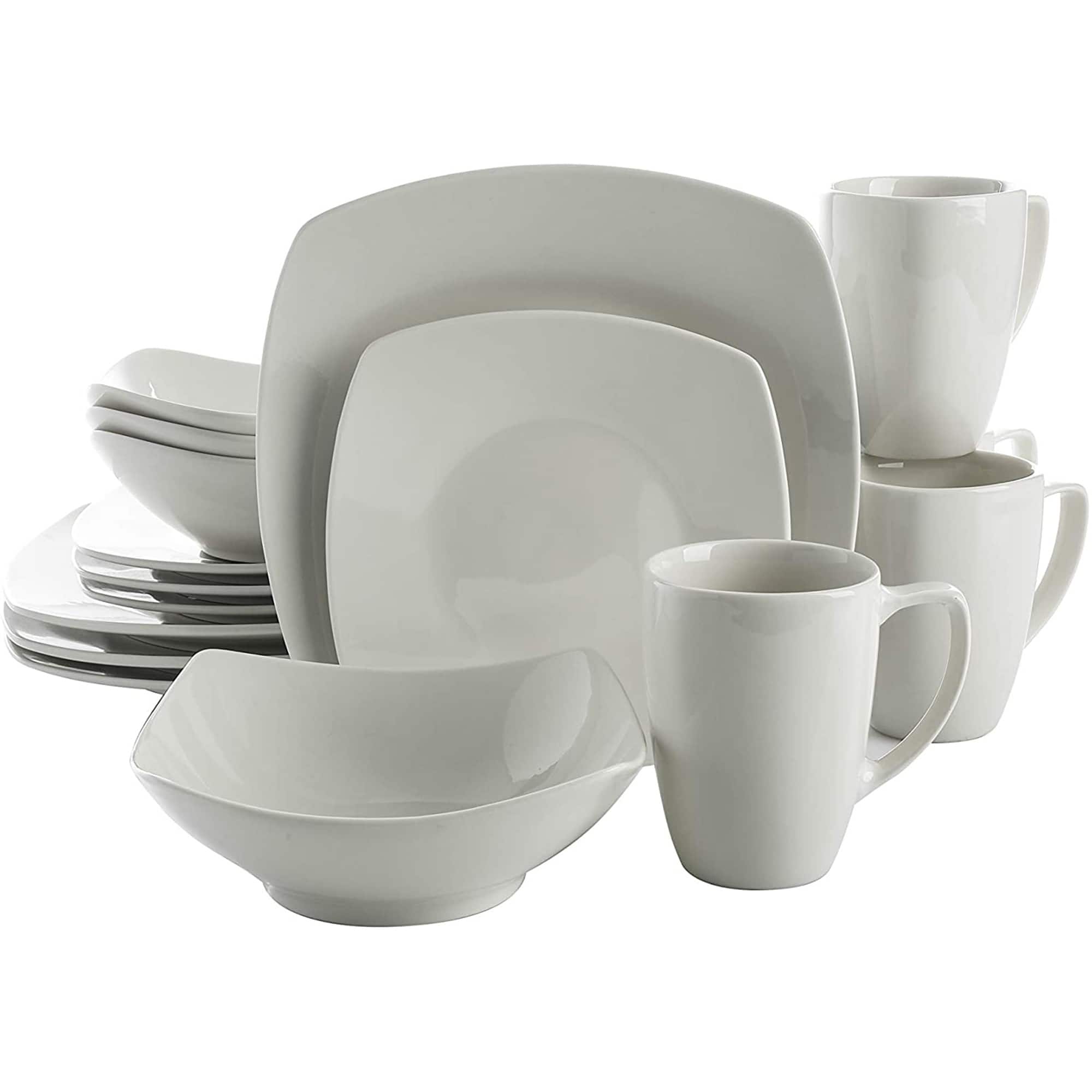 Gibson - 102539.16RM Porcelain Zen Buffet 16 Piece Square Dinnerware Set, White - White (Square)
