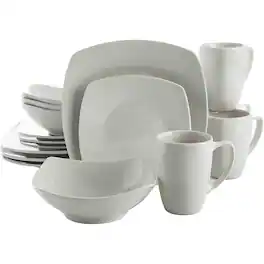 Gibson - 102539.16RM Porcelain Zen Buffet 16 Piece Square Dinnerware Set, White - White (Square)