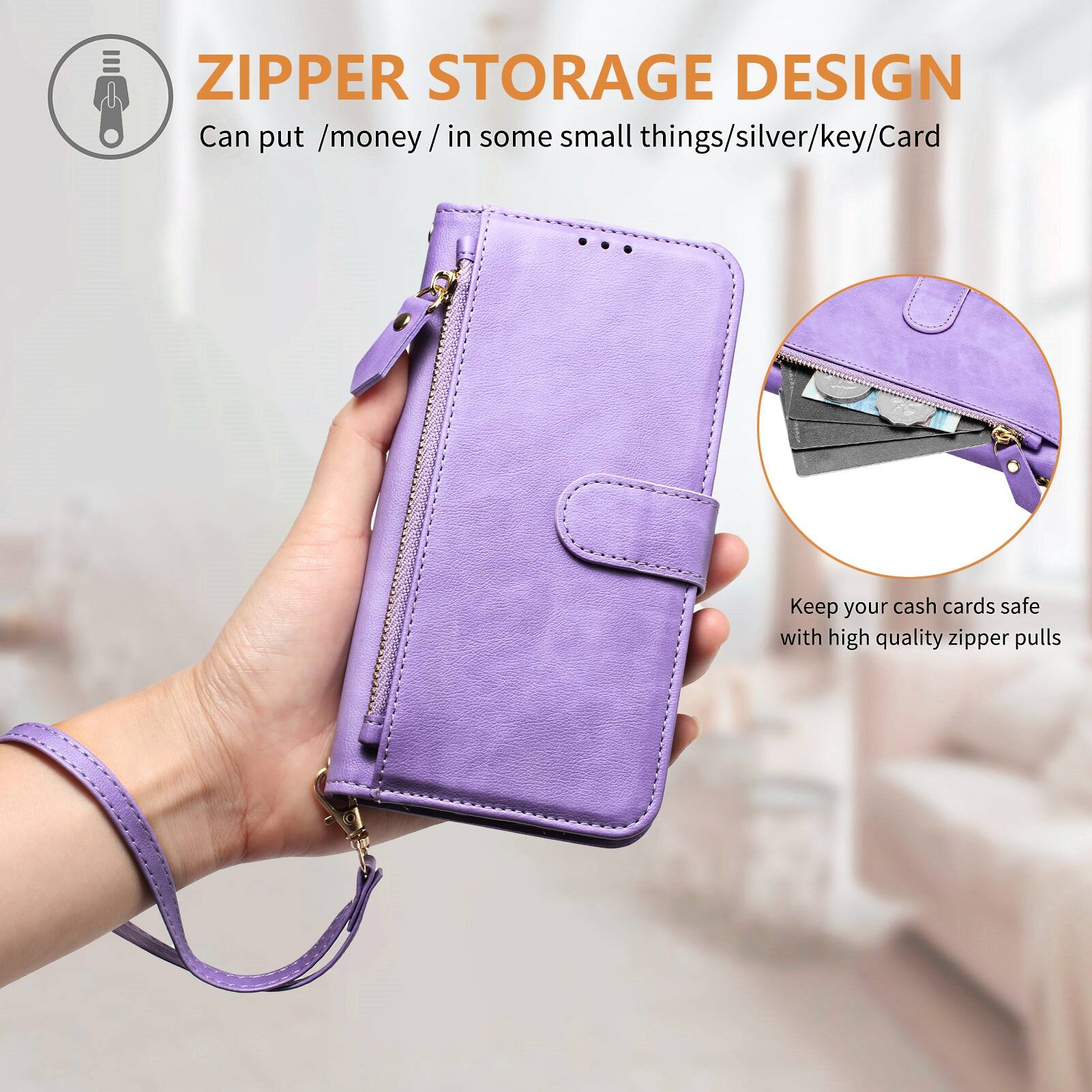 ZIPPER STORAGE DESIGN  
Can put /money / in some small things/silver/key/Card  
Keep your cash cards safe with high quality zipper pulls