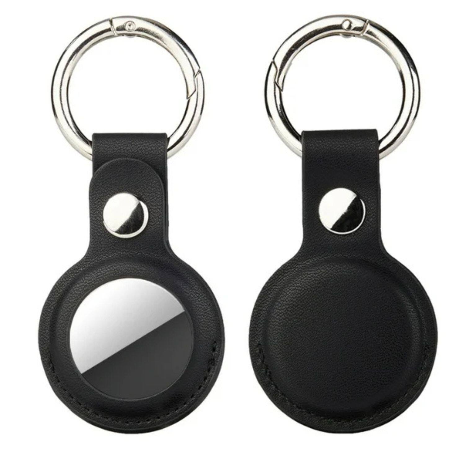 Angle. Home Collection - A-Black Leather Case Cover with Keychain for Apple AirTag – Protective Pet Tracker Sleeve Shell Skin - Black.