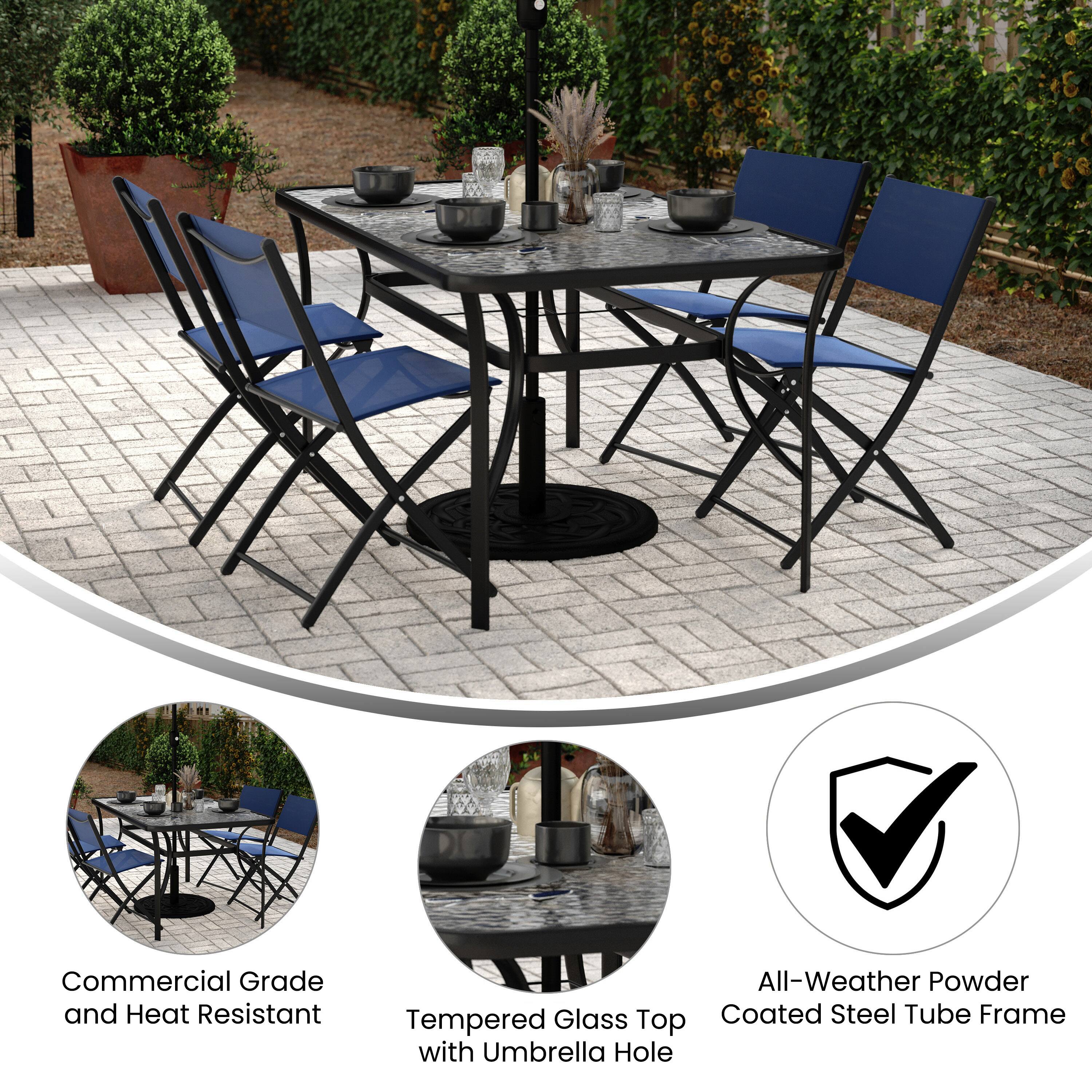 Commercial Grade and Heat Resistant  
All-Weather Powder Coated Steel Tube Frame with Umbrella Hole  
Tempered Glass Top