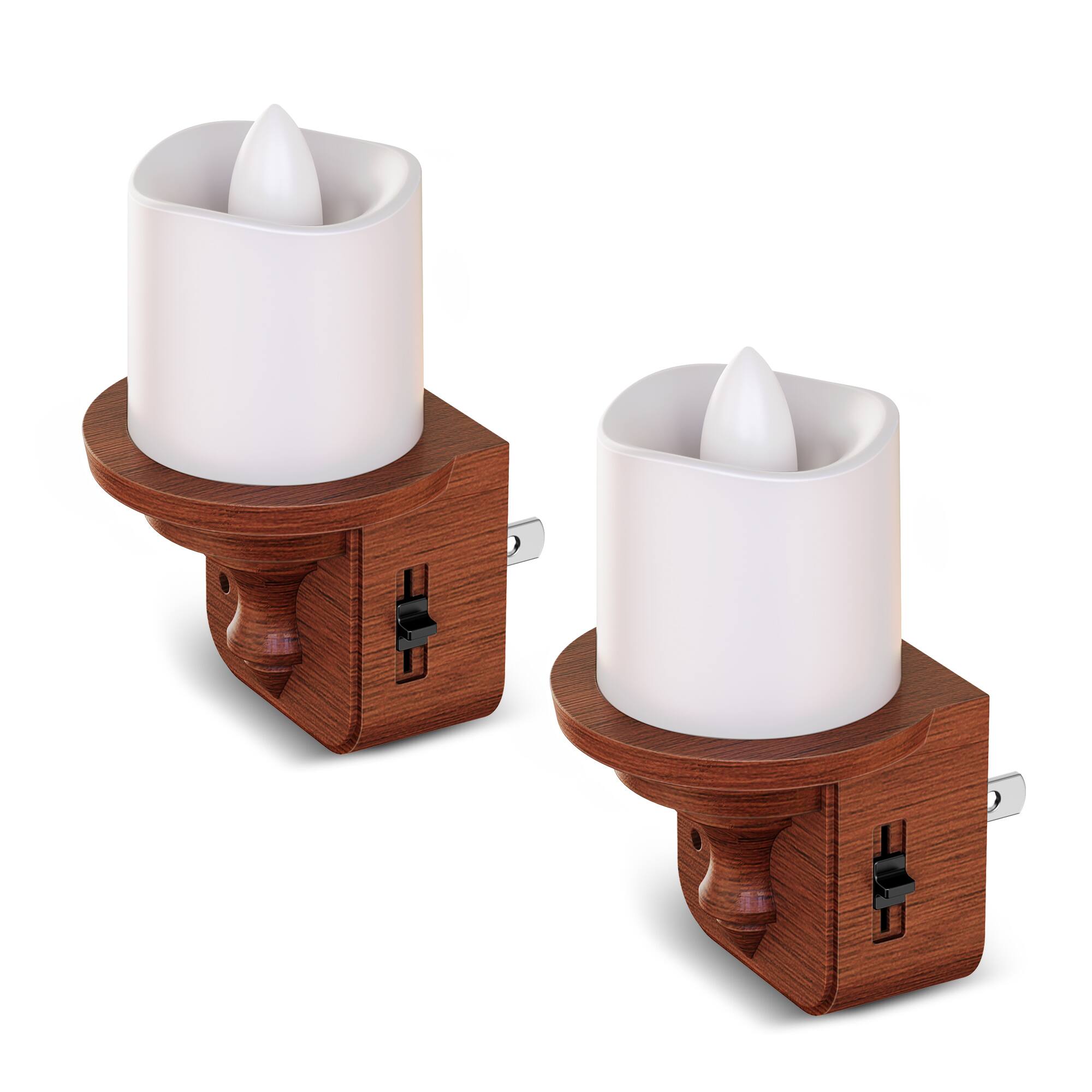 Front. Jandcase - JANDCASE 2-Pack 1W  Plug-in Night Light, Amber Glow, Candle Design with Wood Grain Finish,  0-100%, Dusk-to-Dawn Sensor - Brwon and White.
