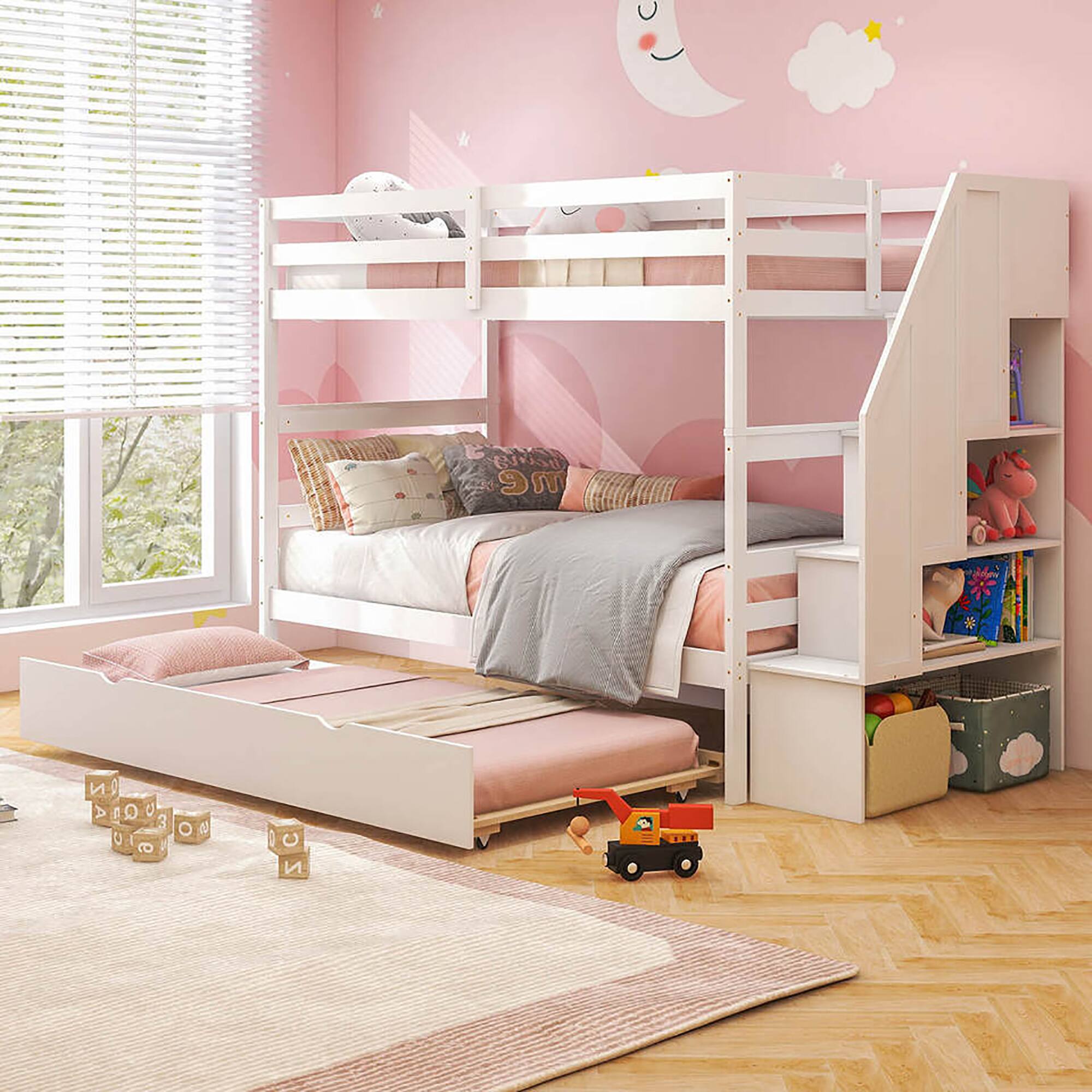 Alt View 1. Gymax - Gymax Twin over Twin Wooden Bunk Bed w/ Trundle Storage Stairs Convertible White - White.