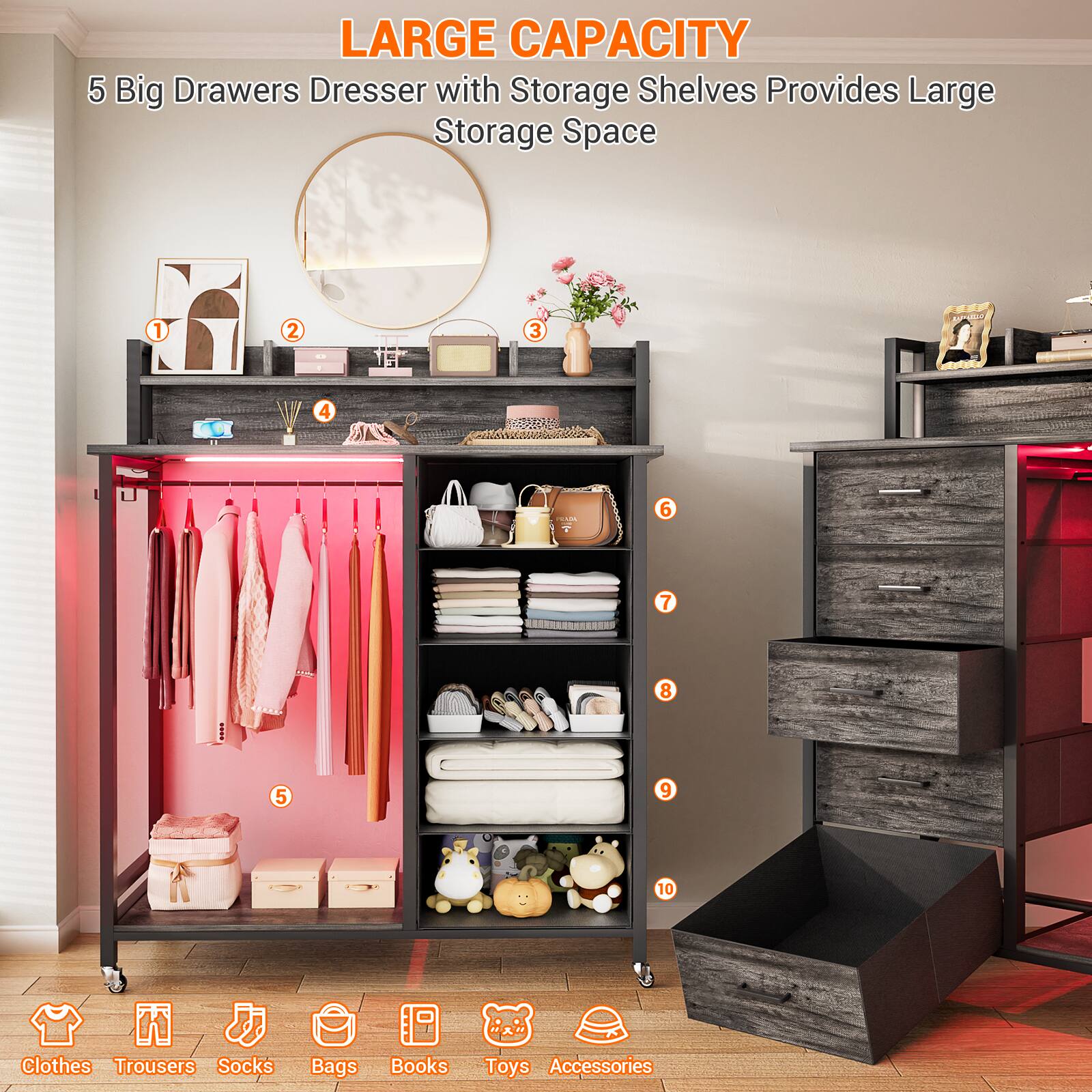 LARGE CAPACITY  
5 Big Drawers Dresser with Storage Shelves Provides Large Storage Space  

1. Clothes  
2. Trousers  
3. Socks  
4. Bags  
5. Books  
6. Toys  
7. Accessories