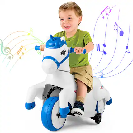 Front. Gymax - Gymax 12V Kids Ride on Unicorn Toy w/ Training Wheels Music One-button Start Horse Toy Blue - Blue.