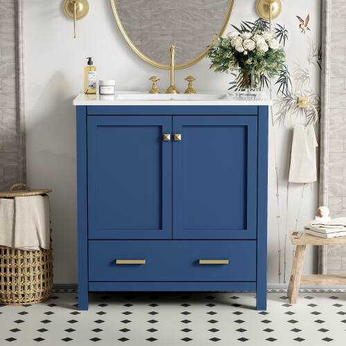 Left. JUJABU - 30" Blue Bathroom Vanity with Ceramic Sink and Drawer - Blue.