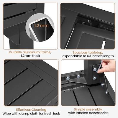 1.2 mm Durable aluminum frame, 1.2mm thick  
Spacious tabletop, expandable to 63 inches length  
Effortless Cleaning: Wipe with damp cloth for fresh look  
Simple assembly with labeled accessories