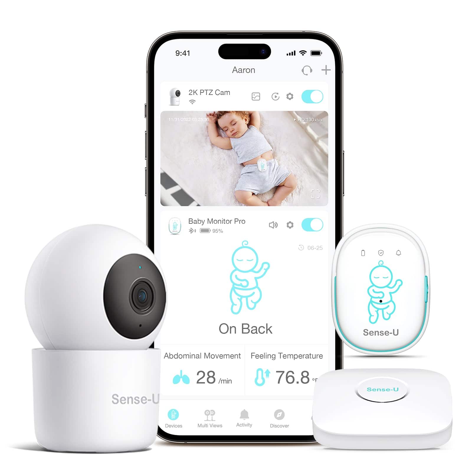 Sense-U - Pro Baby Monitor (Long Range) + 2K PTZ Camera - Track Abdominal Movement with 2K Video - White