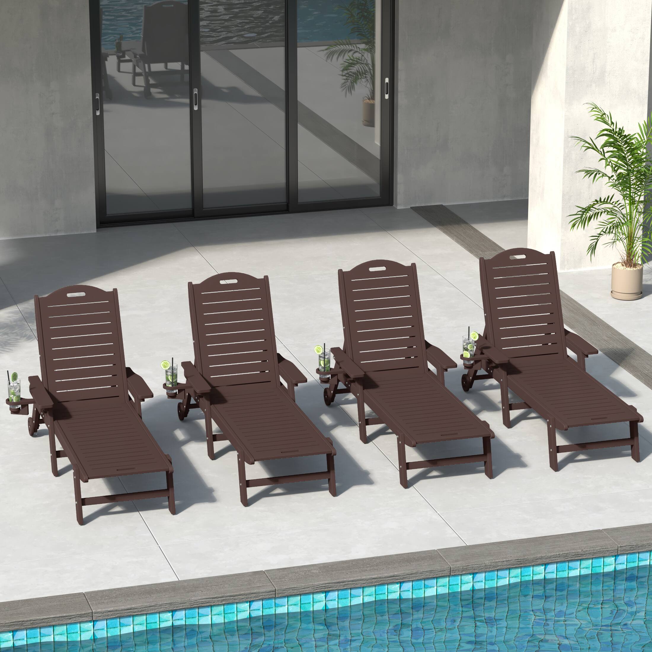 Angle. WestinTrends - WestinTrends Aruba Outdoor HDPE Patio Chaise Lounges With Wheels & Cup Holder (Set of 4) - Dark Brown.