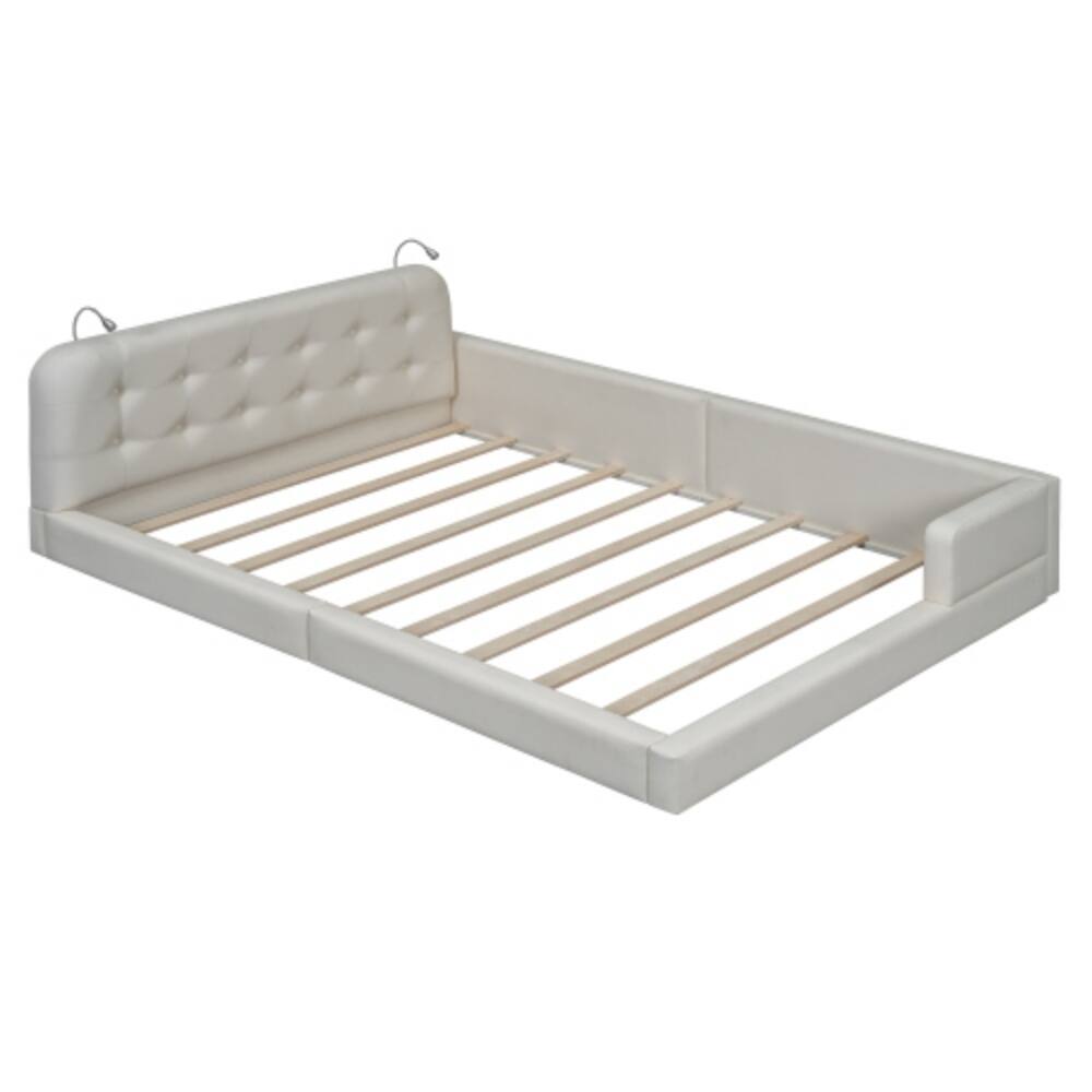 Back. LUCKY ONE - Queen Size Upholstered Platform Bed with 2 Reading Lights, PU Leather, Wood Slats, No Box Spring Needed - White.
