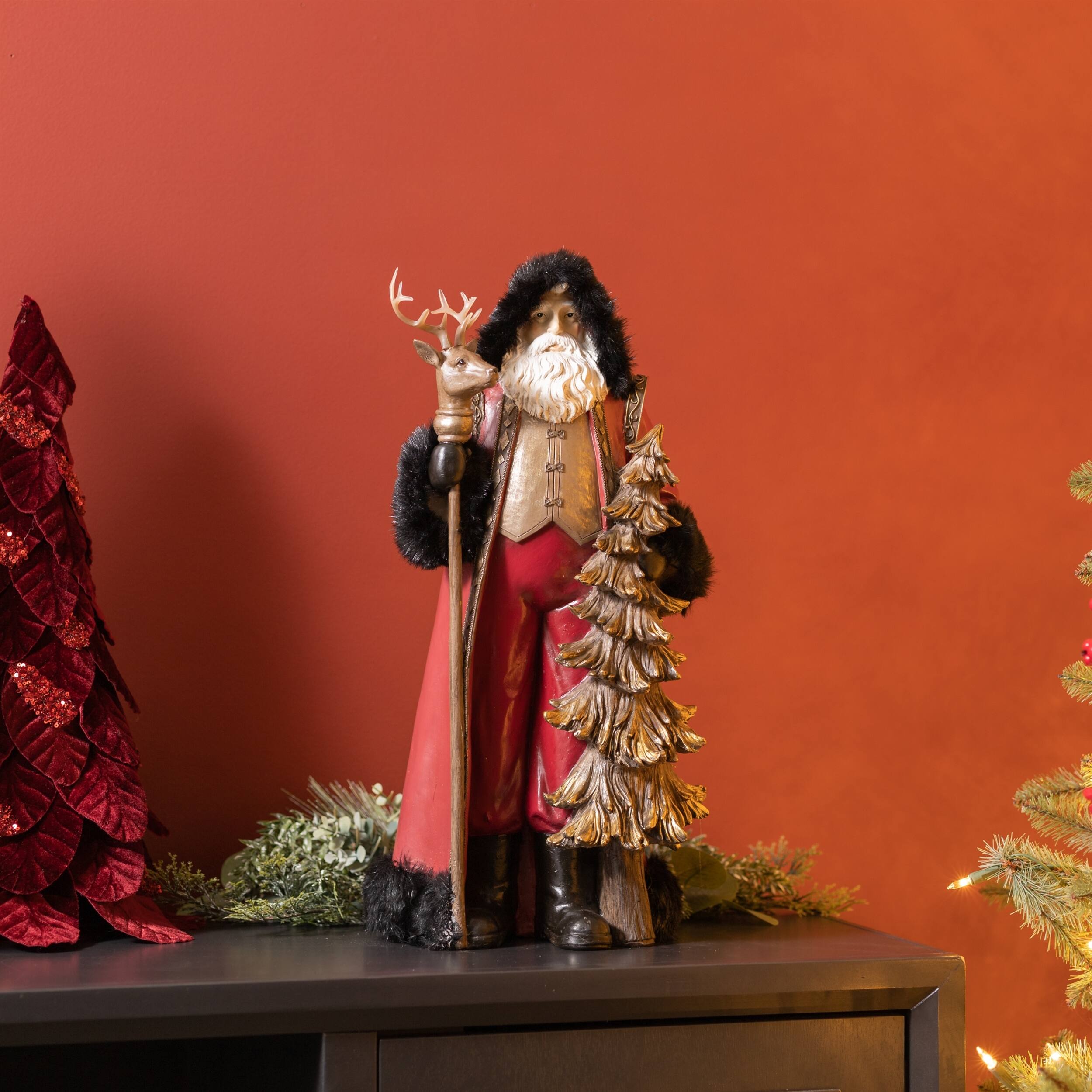 Angle. BreeBe - Hooded Woodland Santa with Deer Staff 19.5" - Red, Bronze.