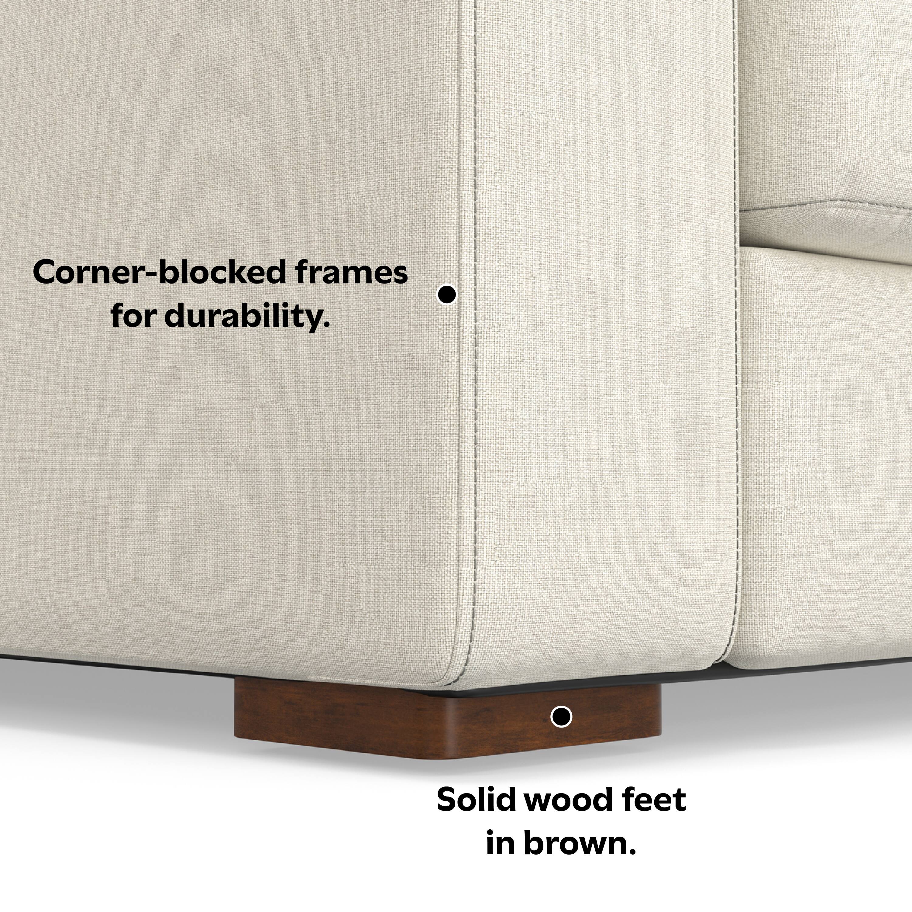 Corner-blocked frames for durability.  
Solid wood feet in brown.