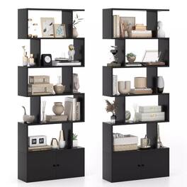 Gymax - 2PCS 6-Tier Shaped Bookshelf w/ Cabinet 6-Tier Tall Bookcase w/ Doors - Black