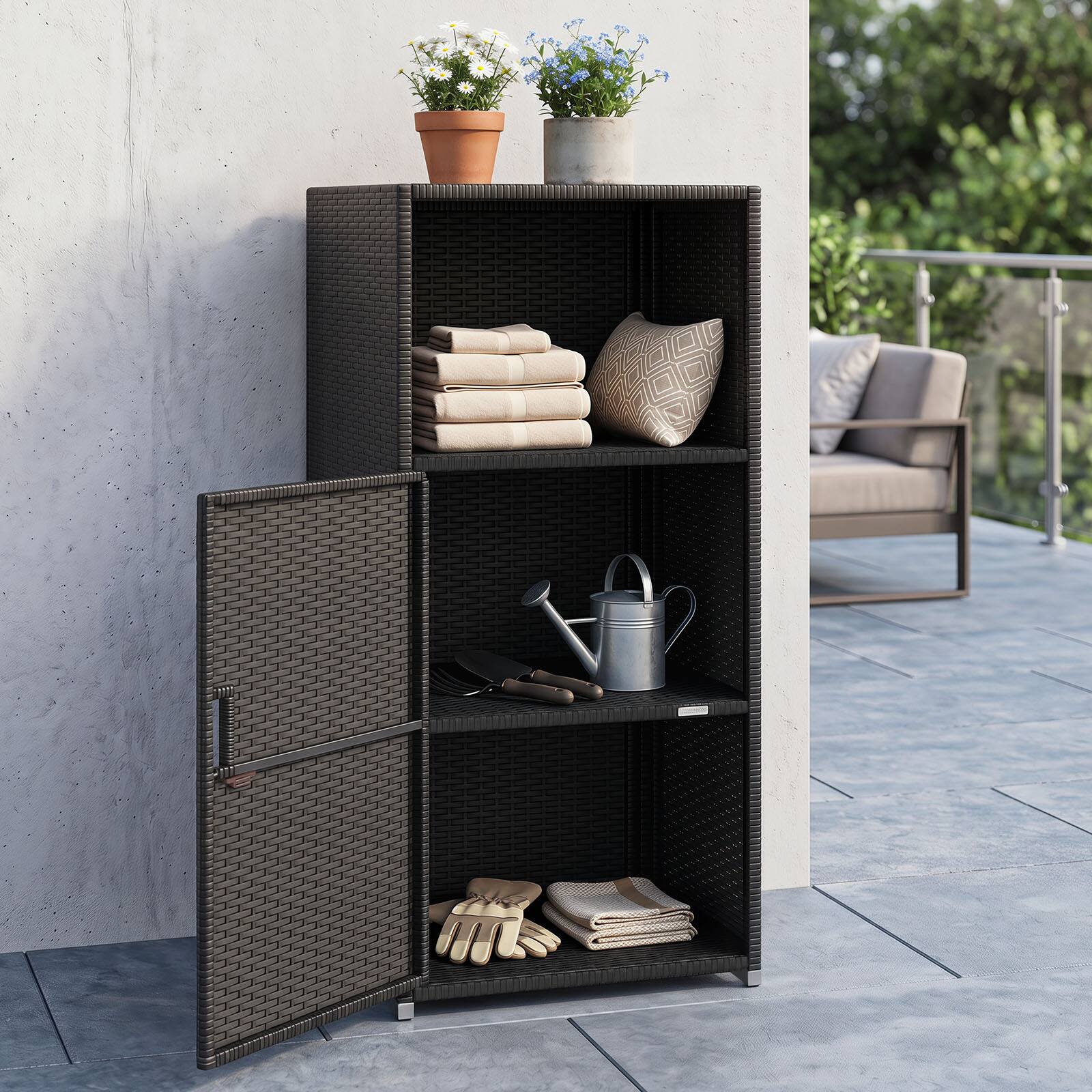 Alt View 4. Costway - Costway Outdoor Storage Cabinet PE Wicker Buffet Sideboard with Shelf Open & Compartment - Black.