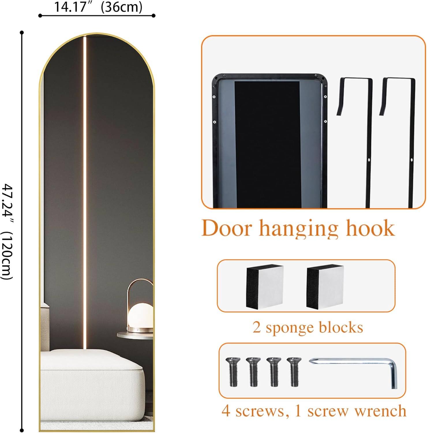 14.17" (36cm)  
47.24" (120cm)  

Door hanging hook  
2 sponge blocks  
4 screws, 1 screw wrench