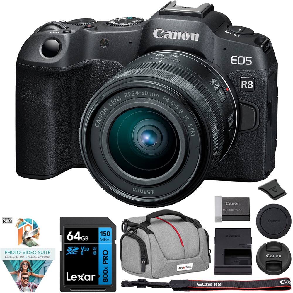 Canon EOS R8 with RF24-50mm Lens F4.5-6.3 IS STM  
Canon OEM 58mm Lens Cap  
Canon Battery Grip BG-E28  
Canon LP-E18 Battery  
Canon USB Cable  
Canon Lens Hood  
Canon Lens Cap  
Canon Camera Strap  
64GB Lexar 800x SDXC UHS-II V30 Memory Card  
Canon Photo-Video Suite  
Canon DecoPhoto Bag
