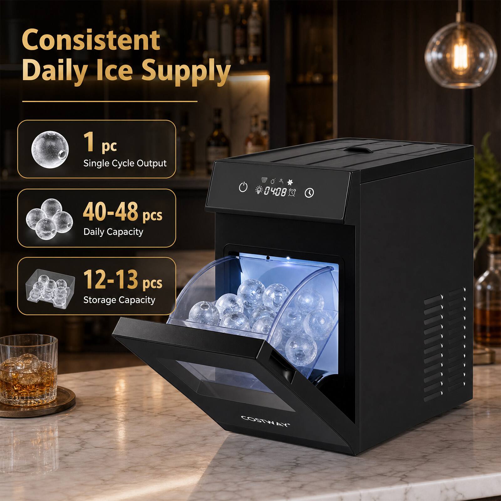 Consistent Daily Ice Supply

1 pc Single Cycle Output

40-48 pcs Daily Capacity

12-13 pcs Storage Capacity

WIVO A