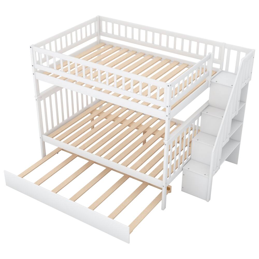 Alt View 3. Loheer - Loheer Full Over Full Bunk Bed with Trundle and Stairs, White Solid Wood 3 in 1 Bunk Bed - White.