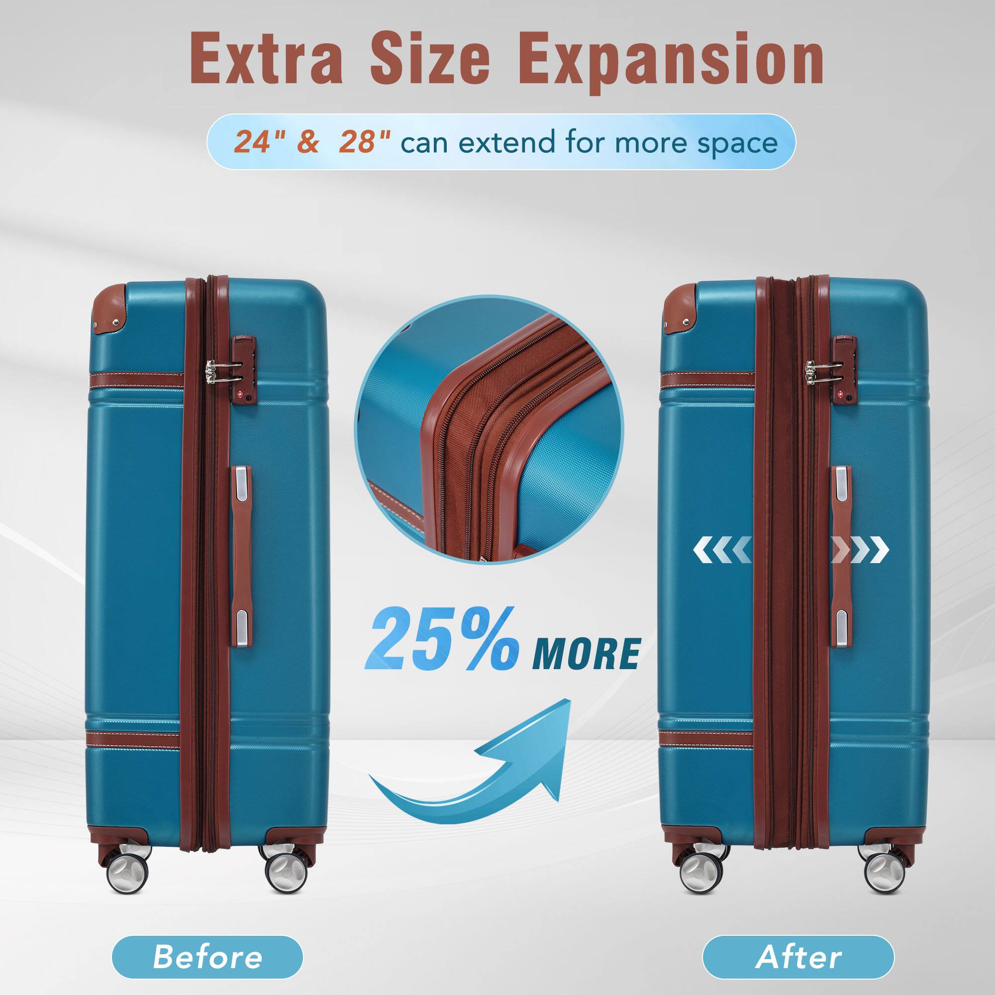 Extra Size Expansion  
24" & 28" can extend for more space  

Before  
25% MORE  
After