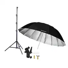 Front. Westcott - Westcott 7 Feet Silver Parabolic Umbrella BUNDLE with Umbrella Bracket / Adjutsable Flash Mount, 9.5' Black Lightstand.